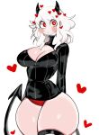  1girl black_horns black_sweater black_tail blush breasts cleavage curvy demon_girl demon_horns demon_tail heart heart-shaped_pupils helltaker horns modeus_(helltaker) panties red_eyes red_panties ribbed_sweater standing sweater symbol-shaped_pupils tail thick_thighs thighs underwear usa37107692 white_background white_hair wide_hips 