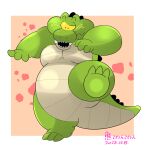  2023 3_toes 4_fingers absurd_res alligator alligatorid anthro belly big_belly biped blush crocodilian feet fingers green_body hi_res kemono m2vcjtad5hsdvla overweight reptile scalie simple_background solo toes 