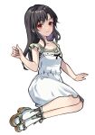  1girl aged_down black_hair dress female_child final_fantasy final_fantasy_vii final_fantasy_vii_remake frilled_sleeves frills full_body grey_footwear grey_shirt hand_up kneeling light_smile long_hair looking_at_viewer quichi_91 red_eyes sandals shirt shirt_under_dress short_sleeves sleeveless sleeveless_dress socks solo tifa_lockhart white_background white_dress white_socks 