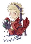  black_gloves blonde_hair fire_emblem fire_emblem_fates flower gloves hairband highres holding holding_flower looking_at_viewer medium_hair misokatsuhaumai red_armor red_eyes red_flower red_rose rose scarlet_(fire_emblem) upper_body 