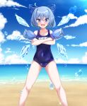  1girl absurdres bare_arms bare_legs bare_shoulders beach blue_bow blue_eyes blue_hair blue_one-piece_swimsuit blush bow cirno cirno_day collarbone covered_navel crossed_arms day detached_wings fairy feet_out_of_frame hair_between_eyes hair_bow highres ice ice_wings looking_at_viewer muki_(munikichan) name_tag ocean one-piece_swimsuit open_mouth outdoors school_swimsuit short_hair smile solo swimsuit touhou wings 