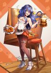  1girl ^^^ alternate_costume bare_arms bare_shoulders beer_mug belt blue_eyes blue_hair blush brown_belt chicken_wing commentary_request commission cup fire_emblem fire_emblem_awakening gzei highres holding holding_cup hooters long_hair lucina_(fire_emblem) mug open_mouth solo tank_top tiara very_long_hair white_tank_top 