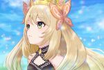  1girl black_choker blonde_hair blurry blurry_background butterfly_hair_ornament celine_(fire_emblem) choker crown fire_emblem fire_emblem_engage green_eyes hair_between_eyes hair_ornament highres long_hair looking_afar parted_lips portrait solo sparkle yellow_gemstone yuurururun 