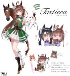  ? absurdres animal_ears armpits black_hair blue_eyes blush_stickers boots brown_hair character_name chibi commentary_request detached_sleeves full_body heart high_heel_boots high_heels highres horse horse_ears horse_tail looking_at_viewer one_eye_closed original satono_crown_(umamusume) side_ponytail sparkle staring stuffed_animal stuffed_toy tail toriumi_(trmx_x) translation_request umamusume white_background 