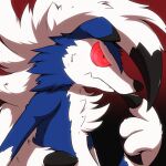  1:1 2016 ambiguous_gender anthro black_claws black_nose blue_body blue_fur canid canine cheek_tuft chest_tuft claws dipstick_ears facial_tuft finger_claws fur generation_7_pokemon glowing glowing_eyes gradient_background lycanroc magic_box42 mammal midnight_lycanroc multicolored_body multicolored_ears multicolored_fur nintendo pokemon pokemon_(species) red_background red_eyes shiny_pokemon side_view simple_background solo tuft two_tone_body two_tone_fur white_body white_fur 