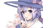  1girl blurry blurry_background cherry_blossoms collarbone commentary eyelashes finger_to_mouth hanamori_natsumi hat light_blush looking_at_viewer nail_polish pink_ribbon purple_eyes purple_hair ribbon shushing smile solo virtual_youtuber witch_hat 