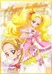  1girl artist_logo blonde_hair border bow commentary_request detached_sleeves dress earrings eyelashes frilled_dress frills futari_wa_precure futari_wa_precure_max_heart hair_bow hair_ornament happy happy_birthday heart heart_earrings jewelry kamikita_futago kujou_hikari leg_warmers long_hair looking_at_viewer low_ponytail low_side_ponytail magical_girl pink_dress ponytail precure shiny_luminous side_ponytail smile solo twintails yellow_border yellow_eyes 