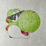  2023 ambiguous_gender anonymous_artist anthro blue_eyes dinosaur eyewear green_body green_yoshi hi_res mario_bros nintendo pixel_sunglasses reptile scalie simple_background sketch solo spikes sunglasses traditional_media_(artwork) white_background white_body yoshi 