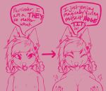  anthro big_breasts breast_growth breasts canid canine dialogue digital_media_(artwork) female flat_chested growth hi_res huge_breasts humor magic mammal nonbinary_(lore) pink_background pink_line_art ponyonmane simple_background solo sparkles transformation 