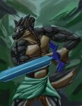  abs anthro anthrofied biped braided_hair canid canine canis clothed clothing countershade_face countershade_fur countershade_tail countershade_torso countershading dagox fur hair hi_res link_(wolf_form) male mammal melee_weapon muscular muscular_anthro muscular_male nintendo solo sword tail the_legend_of_zelda topless topless_anthro topless_male weapon wolf 