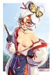  absurdres breasts glasses gloves hair_bun highres jacket light_smile looking_at_viewer milkyrack off_shoulder open_clothes open_jacket purah red_eyes small_breasts the_legend_of_zelda the_legend_of_zelda:_tears_of_the_kingdom white_hair 