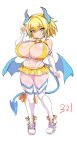  1girl blonde_hair blue_eyes blue_hair blue_horns blue_tail blue_wings bombergirl breasts demon_girl demon_horns demon_tail demon_wings hair_intakes highres horns huge_breasts looking_at_viewer microskirt multicolored_clothes multicolored_hair multicolored_skirt navel oppai_loli original pine_(bombergirl) reizima short_hair skirt smug solo symbol-shaped_pupils tail wings yellow_pupils 