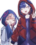  2girls asymmetrical_bangs blue_dress blue_hair blue_jacket braid closed_eyes collarbone colored_inner_hair commentary_request covering_mouth diamond_earrings dress earrings hair_over_shoulder hand_over_own_mouth hand_up head_tilt highres holding_another&#039;s_arm hood hood_up hooded_jacket index_finger_raised jacket jewelry kaf_(kamitsubaki_studio) kamitsubaki_studio laughing long_hair long_sleeves multicolored_clothes multicolored_hair multicolored_jacket multiple_girls open_mouth pink_hair puffy_long_sleeves puffy_sleeves raised_eyebrows red_hair red_jacket ria_(rian_0210) rim_(kamitsubaki_studio) short_hair side_braid simple_background smile upper_body white_background white_dress white_jacket wide_sleeves 