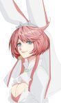  1girl absurdres ahoge animal_ears ascot breasts carol0905 cleavage closed_mouth elphelt_valentine fake_animal_ears guilty_gear guilty_gear_xrd highres large_breasts looking_at_viewer pink_hair short_hair simple_background smile solo upper_body white_ascot white_background white_veil 