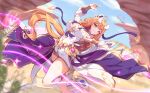  1girl ahoge arabian_clothes bare_shoulders bear_hair_ornament blonde_hair blurry breasts cape dancing depth_of_field desert dress hair_ornament highres honkai_(series) honkai_impact_3rd jewelry large_breasts leg_up long_hair long_sleeves orange_eyes orange_hair phantom_racher puffy_long_sleeves puffy_sleeves purple_cape ring solo susannah_(honkai_impact) susannah_(valkyrie_quicksand) thigh_strap very_long_hair waist_cape white_dress white_footwear 