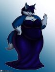  2019 absurd_res anthro aura_(shapeshifter8) beckoning belly big_breasts blue_body blue_fur blue_hair breasts canid canine clothed clothing digital_media_(artwork) dress eyeshadow female fox fur gesture hair hi_res makeup mammal multicolored_body multicolored_fur obese obese_anthro obese_female one_eye_obstructed overweight overweight_anthro overweight_female purple_eyes solo text thick_thighs two_tone_body two_tone_fur url viroveteruscy 
