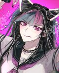  1girl :q arms_up black_hair black_nails black_sailor_collar breasts danganronpa_(series) danganronpa_2:_goodbye_despair green_hair grey_shirt hair_horns highres jewelry medium_breasts mioda_ibuki mouth_piercing multicolored_hair nail_polish nali_(naari_dan) neckerchief necklace pink_background pink_eyes pink_hair pink_neckerchief portrait sailor_collar shirt short_sleeves smile solo sparkle tongue tongue_out white_hair 