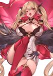  1girl absurdres azur_lane blonde_hair breasts cleavage coat commission dress epaulettes feather_boa gloves hair_ribbon half_gloves halterneck highres jacket large_breasts leg_up long_hair majinno microdress nelson_(azur_lane) one_eye_closed red_coat red_eyes red_jacket red_thighhighs retrofit_(azur_lane) ribbon skeb_commission thighhighs twintails very_long_hair 