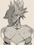  2023 absurd_res anthro areola big_breasts bodily_fluids breasts clothed clothing dragon dress_shirt female ghastlyfish_(artist) greyscale hair hair_over_eye hi_res hilda_(ghastlyfish) horn huge_breasts inner_boob inner_ear_fluff looking_at_viewer monochrome narrowed_eyes non-mammal_breasts one_eye_obstructed open_clothing open_shirt open_topwear revealing_breasts shirt solo sweat sweatdrop topwear tuft 