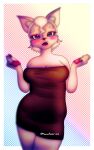  anthro breasts canid canine clothed clothing dress female fox green_eyes hair hi_res mammal mommifoxxi pawpads paws pink_body pink_hair smile smiling_at_viewer solo solo_focus teeth thick_thighs wide_hips 