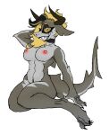 2023 anthro blonde_hair choker choker_only female fish gariru8 grey_body hair hi_res horn jewelry looking_at_viewer marine mostly_nude navel necklace necklace_only nipples nude shark sharp_teeth simple_background smile solo teeth white_background yellow_eyes 