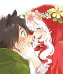  1boy 1girl :d animal_ears black_hair blue_flower blush closed_eyes commentary_request cosplay couple facing_another flower from_side green_flower green_jumpsuit hair_between_eyes hand_on_another&#039;s_cheek hand_on_another&#039;s_face head_wreath hetero jumpsuit kagerou_project kozakura_marry leaf little_red_riding_hood little_red_riding_hood_(grimm) little_red_riding_hood_(grimm)_(cosplay) long_bangs long_hair looking_at_another looking_to_the_side mekakucity_actors open_mouth pink_flower red_hood sakusakusakuran seto_kousuke short_hair simple_background sleeves_past_elbows smile teeth upper_body upper_teeth_only wavy_hair white_background white_hair wolf_ears yellow_eyes yellow_flower 