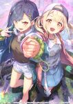  2girls azusawa_kohane backwards_hat baseball_cap belt black_hair black_shirt black_thighhighs blonde_hair blue_jacket blue_skirt blurry blurry_background blush breasts choker collared_shirt company_name copyright_name depth_of_field earrings eva_mashiro grey_shirt hair_ornament hairclip hand_up hat headphones headphones_around_neck highres holding_hands interlocked_fingers jacket jewelry letterman_jacket long_sleeves looking_at_viewer multiple_girls official_art open_clothes open_jacket open_mouth outstretched_arm project_sekai reaching reaching_towards_viewer red_jacket scrunchie sekai_symphony shiraishi_an shirt shirt_tucked_in shirt_under_shirt shoes shorts skirt small_breasts standing standing_on_one_leg thighhighs twintails v white_shorts wrist_scrunchie yellow_eyes 