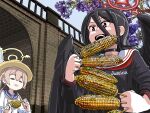  2girls :d black_choker black_hair black_serafuku black_wings blue_archive brown_hair choker commentary corn dual_wielding eating english_commentary feathered_wings food hair_between_eyes halo hasumi_(blue_archive) hat hifumi_(blue_archive) holding holding_food large_wings long_bangs long_hair long_sleeves looking_at_another low_twintails multiple_girls photo-referenced photo_background red_eyes school_uniform serafuku sidelocks sixten smile sombrero twintails wings 