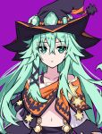  1girl closed_mouth collarbone date_a_live gem green_eyes green_gemstone green_hair hair_between_eyes hat highres long_hair natsumi_(date_a_live) navel purple_background solo upper_body witch witch_hat yanagishido 