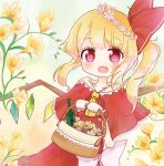  1girl alternate_costume ascot basket blonde_hair blue_flower blush bouquet bow capelet dress fang flandre_scarlet flower glass_bottle hair_bow happy head_wreath holding holding_basket large_bow looking_at_viewer medium_hair multicolored_wings no_headwear one_side_up open_mouth red_bow red_capelet red_dress red_eyes red_flower red_ribbon ribbon serra_(serarine) simple_background smile solo touhou white_bow white_flower wings yellow_ascot yellow_background yellow_flower 