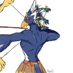  anthro archery arrow_(weapon) athletic athletic_anthro athletic_male avian back_muscles beak blue_body blue_feathers blush bow_(weapon) breath_of_the_wild feathers green_eyes hi_res mairynwoods2022 male nintendo ranged_weapon revali rito shirtless solo the_legend_of_zelda weapon 