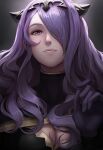  1girl armor black_armor breasts camilla_(fire_emblem) cleavage closed_mouth fire_emblem fire_emblem_fates gloves hair_over_one_eye highres kazuko_(towa) large_breasts lips long_hair looking_at_viewer purple_eyes purple_hair simple_background smile solo tiara upper_body very_long_hair wavy_hair 