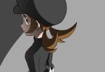  1girl belt black_headwear black_jacket brown_eyes brown_hair closed_mouth eyelashes from_side gloves grey_background hat highres ia_(ilwmael9) jacket long_hair looking_at_viewer lyra_(pokemon) pokemon pokemon_(game) pokemon_hgss sideways_glance solo sweatdrop team_rocket team_rocket_uniform twintails 