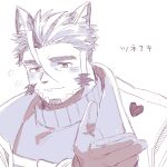 1boy ahoge animal_ears bara cat_boy cat_ears chest_strap commentary_request facial_hair furry furry_male gloves goatee greyscale hagiography heart highres live_a_hero male_focus monochrome sweater translated tsuneaki_(live_a_hero) turtleneck turtleneck_sweater white_background 