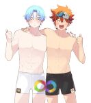  2boys ^_^ black_male_underwear blue_hair closed_eyes closed_mouth hasegawa_langa headband highres kyan_reki male_focus male_underwear multiple_boys non-web_source o_o open_mouth pale_skin short_hair sk8_the_infinity thumbs_up topless_male underwear uppi white_male_underwear 