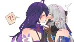  !? 2girls blush bronya_zaychik closed_eyes french_kiss grey_hair highres honkai:_star_rail honkai_(series) kaosmccloud kiss long_hair looking_at_another multicolored_hair multiple_girls purple_hair seele_(honkai:_star_rail) spoken_interrobang tongue yuri 