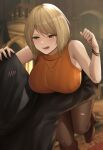  1boy 1girl absurdres ashley_graham blonde_hair blurry blurry_background bracelet breasts brown_pantyhose carrying clenched_hand commentary_request green_eyes highres indoors jewelry large_breasts necklace nyatokanyaru open_mouth orange_sweater pantyhose resident_evil resident_evil_4 resident_evil_4_(remake) short_hair sleeveless sleeveless_sweater sweater teeth torn_clothes torn_pantyhose translation_request turtleneck turtleneck_sweater 