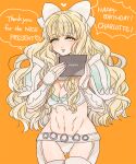  armor ass_visible_through_thighs blonde_hair blue_hair blunt_bangs bow breasts charlotte_(fire_emblem) fire_emblem fire_emblem_fates hair_bow happy_birthday large_breasts long_hair navel shoulder_armor shourou_kanna white_bow 