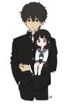  1boy 1girl artist_logo black_hair black_skirt brown_hair chibi chitanda_eru cowboy_shot gakuran green_eyes highres hyouka kamiyama_high_school_uniform_(hyouka) long_hair long_sleeves looking_at_viewer mery_(yangmalgage) oreki_houtarou pleated_skirt purple_eyes sailor_collar school_uniform serafuku shirt short_hair simple_background skirt white_background white_shirt 