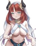  1girl bare_shoulders blush breasts brooch cleavage english_commentary fake_horns genshin_impact green_eyes grin hair_ornament halterneck harem_outfit highres horns jewelry large_breasts long_hair looking_at_viewer low_twintails navel neck_ring nilou_(genshin_impact) red_hair sidelocks smile solo tinnies twintails veil 