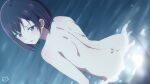  1girl artist_logo ass back black_hair completely_nude dress english_commentary keihh mikazuki_shizuka nude partially_submerged purple_dress short_hair solo water zom_100:_zombie_ni_naru_made_ni_shitai_100_no_koto 