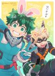  2boys animal_ears bakugou_katsuki blonde_hair bodysuit boku_no_hero_academia censored censored_finger freckles gloves green_bodysuit green_eyes green_gloves green_hair looking_at_viewer male_focus middle_finger midoriya_izuku multiple_boys nightcat open_mouth rabbit_ears red_eyes short_hair smile spiked_hair teeth tongue tongue_out v 