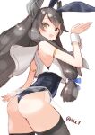  1girl adapted_costume animal_ears ass black_hair black_leotard black_thighhighs commentary_request cowboy_shot from_behind green_eyes hair_ribbon headgear i-47_(kancolle) kantai_collection leotard long_hair looking_at_viewer mole mole_on_ass one-hour_drawing_challenge playboy_bunny rabbit_ears ribbon sailor_collar see-through see-through_skirt shirt sidelocks simple_background skirt sleeveless sleeveless_shirt smile solo tetsukuzu_(yajirushi_shita) thighhighs tress_ribbon white_background white_sailor_collar white_shirt wrist_cuffs 