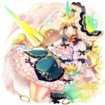  1girl black_bow bow dress frilled_dress frilled_hat frills full_body hat holding holding_sword holding_weapon horns kai-ri-sei_million_arthur long_hair looking_at_viewer maipou_(maihana) million_arthur_(series) qilin_(kai-ri-sei_million_arthur) single_horn solo sword weapon white_background yellow_eyes 