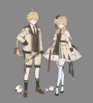  1boy 1girl aether_(genshin_impact) alternate_costume bird black_footwear black_socks blonde_hair braid brother_and_sister brown_footwear crossed_legs dress earrings flower full_body genshin_impact grey_background hair_ribbon hand_on_own_hip hat hat_flower highres jacket jewelry long_hair long_sleeves lumine_(genshin_impact) necktie papajay_(jennygin2) red_necktie ribbon shoes short_hair_with_long_locks short_sleeves shorts siblings simple_background single_braid single_earring socks thighhighs watson_cross white_flower white_thighhighs yellow_eyes 