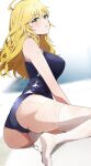  1girl absurdres ahoge ass bare_shoulders blonde_hair blue_one-piece_swimsuit blurry blurry_background blush breasts closed_mouth from_side green_eyes highres hoshii_miki idolmaster idolmaster_(classic) idolmaster_million_live! idolmaster_million_live!_theater_days katsu_(kana) long_hair looking_at_viewer medium_breasts one-piece_swimsuit sitting smile solo swimsuit thighhighs wet wet_clothes wet_swimsuit white_background white_thighhighs yokozuwari 