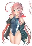  1girl absurdres alternate_costume blue_eyes blue_one-piece_swimsuit blush collarbone competition_swimsuit covered_navel green_jacket hair_flaps hair_ribbon hairband highleg highleg_swimsuit highres jacket kantai_collection kawakaze_(kancolle) long_hair looking_at_viewer low_twintails multicolored_clothes multicolored_swimsuit one-piece_swimsuit red_hair ribbon simple_background smile solo swimsuit tf_cafe twintails twitter_username two-tone_swimsuit very_long_hair whistle whistle_around_neck white_background 