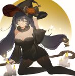  1girl absurdres bare_shoulders black_hair breasts broom candle fur_collar genshin_impact green_eyes halloween_costume hat hat_ornament highres long_hair medium_breasts mona_(genshin_impact) pantyhose pumpkin_hat_ornament shibuya_(kurokamishain) twintails very_long_hair witch witch_hat 