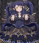  1girl black_background black_dress black_flower blue_hair braid braided_bangs clock commentary_request dress edamame_(buruburu) flower foreshortening frilled_dress frilled_sleeves frills frown garara_s_leep hair_flower hair_ornament head_chain headphones highres idol_time_pripara lolita_fashion long_hair looking_at_viewer open_hands open_mouth pretty_(series) print_dress pripara reaching reaching_towards_viewer sad solo symbol-shaped_pupils tears twintails very_long_hair yellow_eyes 