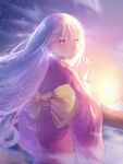  1girl albino hand_up indigo_scarlet japanese_clothes kimono long_hair looking_at_viewer looking_back obi original outdoors railing red_eyes red_kimono sash sunrise twitter_username white_hair wide_sleeves 